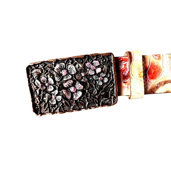 Streets Ahead Womens/Teen Leather Rose Belt Large Floral Brown Buckle Western - Picture 3 of 11